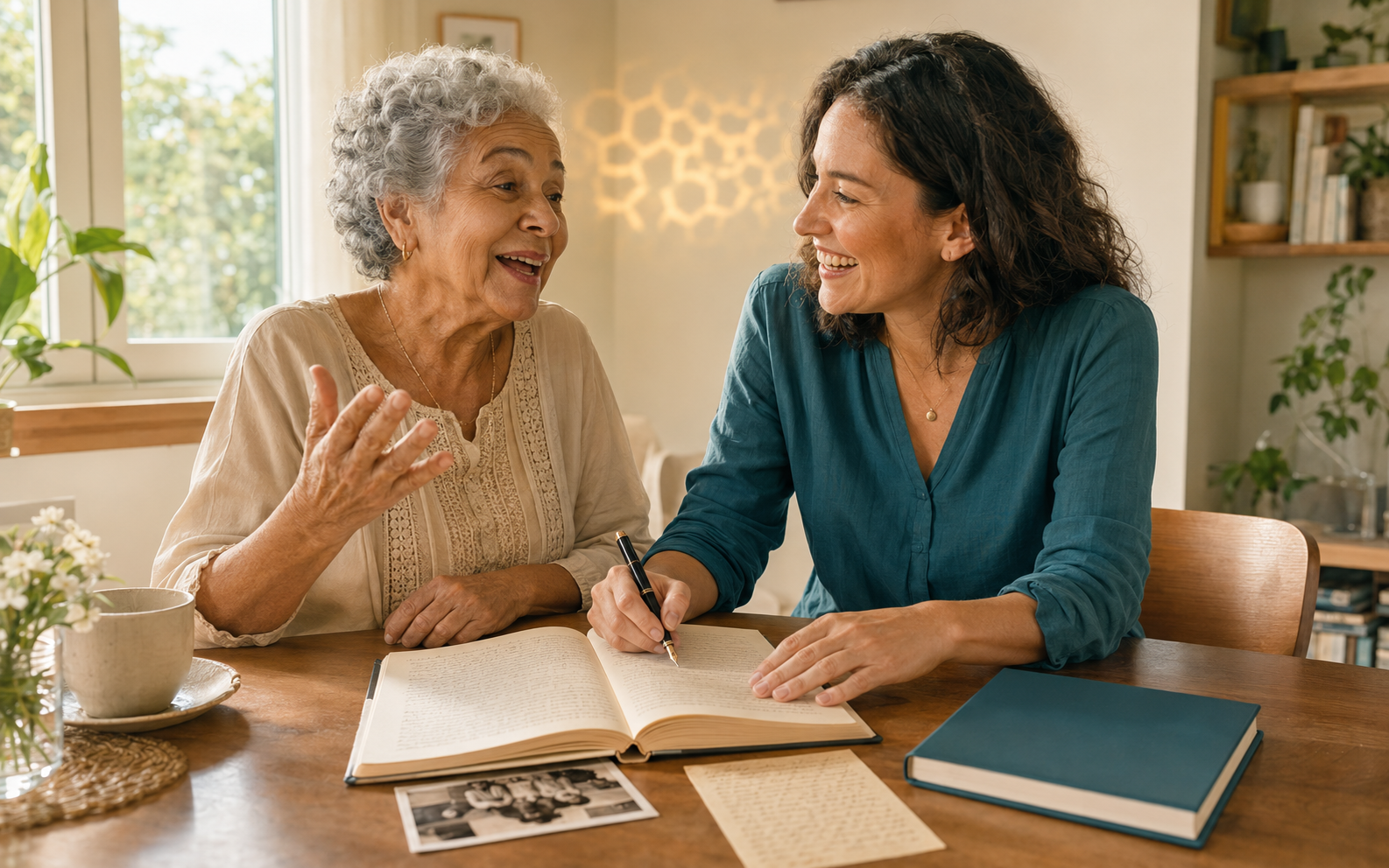 Mulher idosa contando sua história com alegria enquanto uma escritora transforma suas lembranças em páginas de um livro