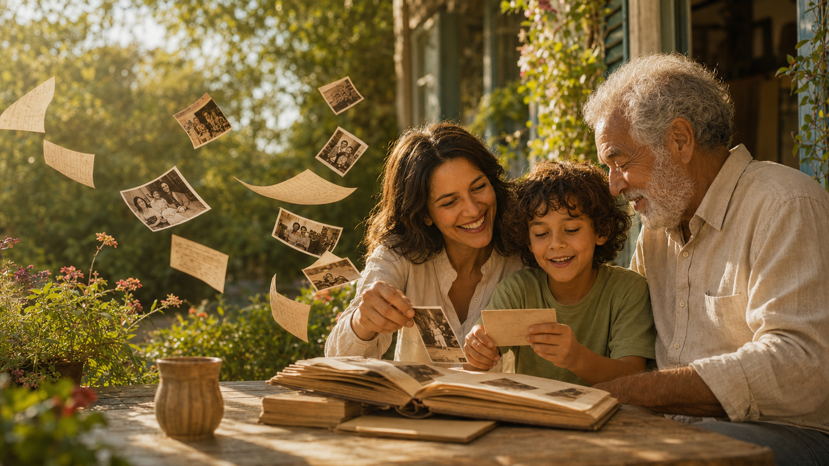 Avô, filha e neto observando fotografias juntos e reunindo suas lembranças em um livro
